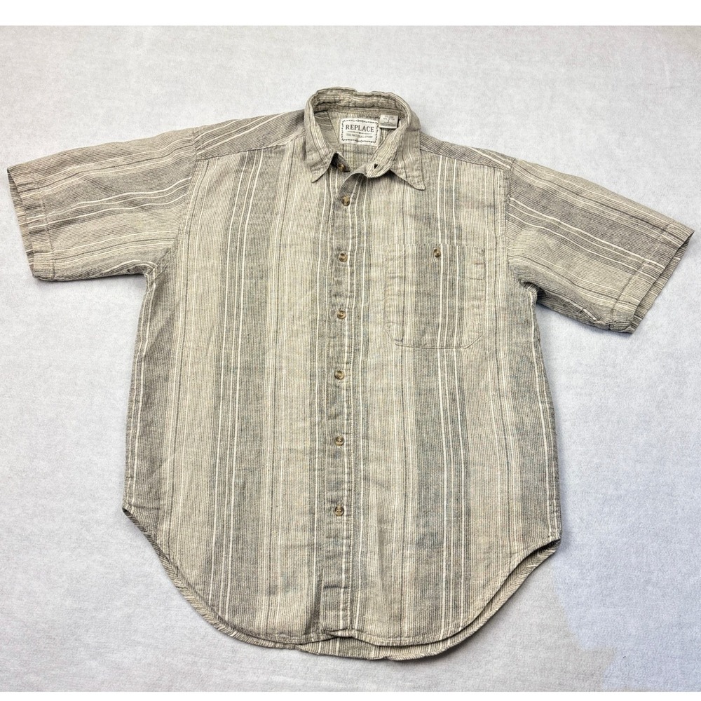 Replace The Natural Story Mens Small Linen Cotton Striped Short‎ Sleeve Shirt